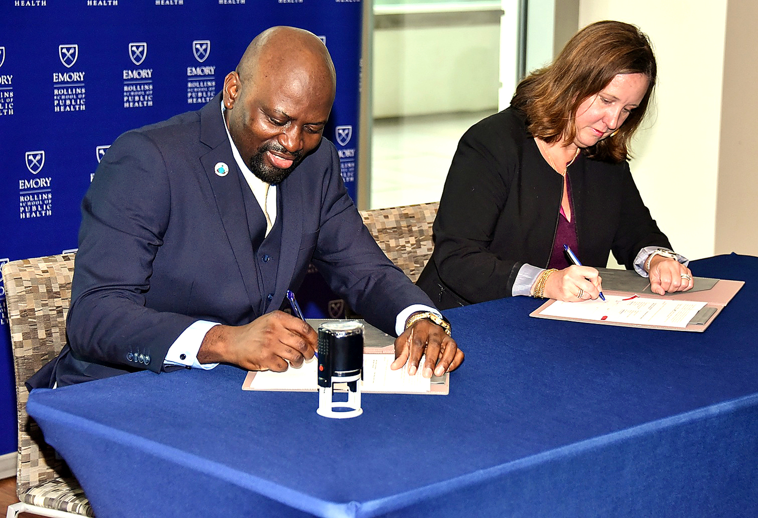 The Founder/CEO of Michael GG Foundation and the Dean of Emory's Rollins School of Public Health formally sign a Memorandum of Understanding to train Rollins MPH students in Cameroon on global public health and disability inclusion.